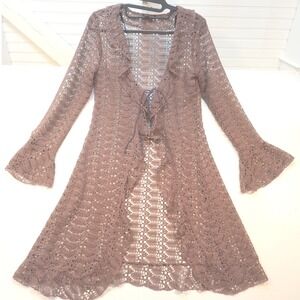 Takara Tie Front Cardigan Long Crochet Duster Sweater Women's Medium Mauve